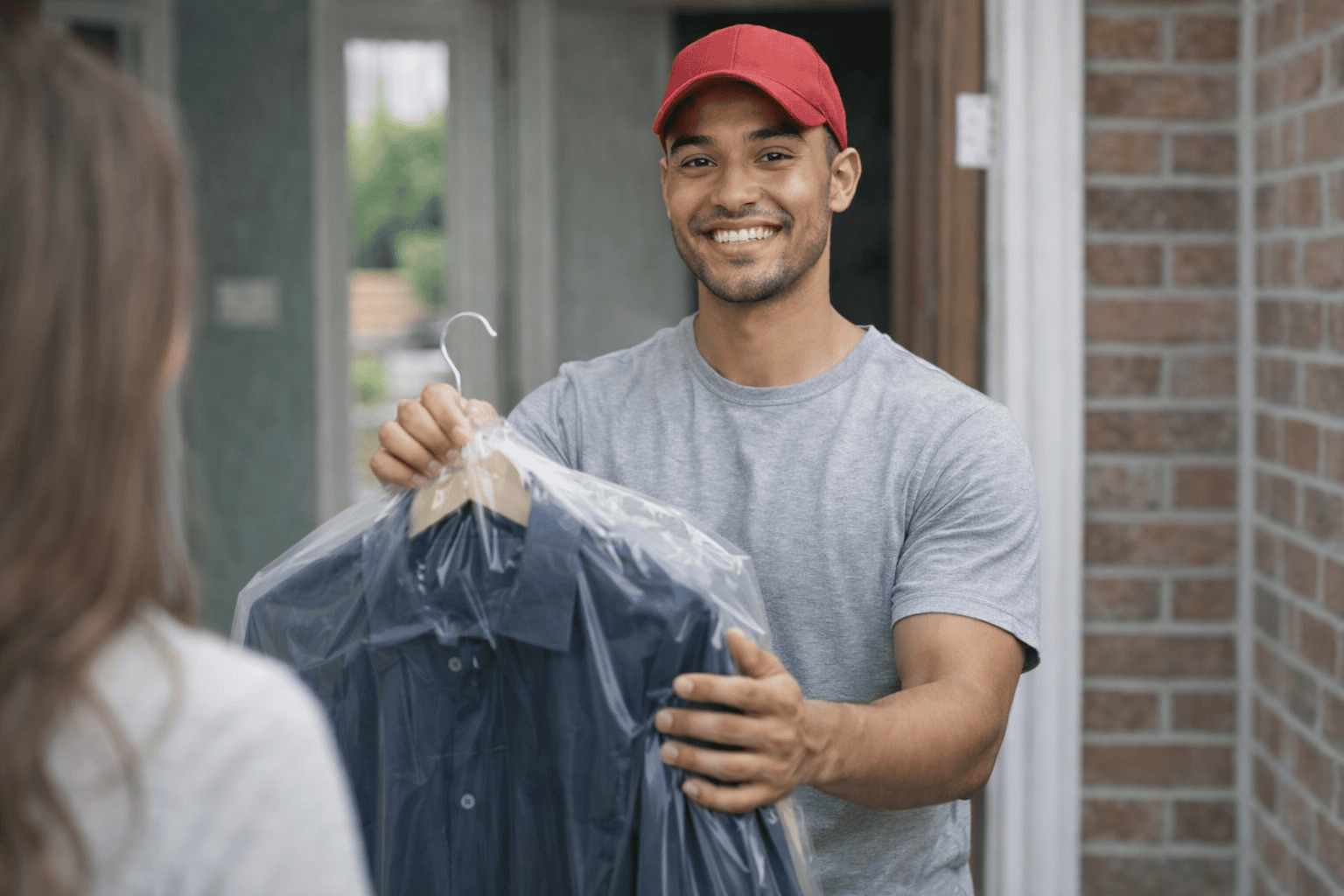 A smiling delivery person in a red cap hands a plastic-covered shirt on a hanger to someone at a home's front door.