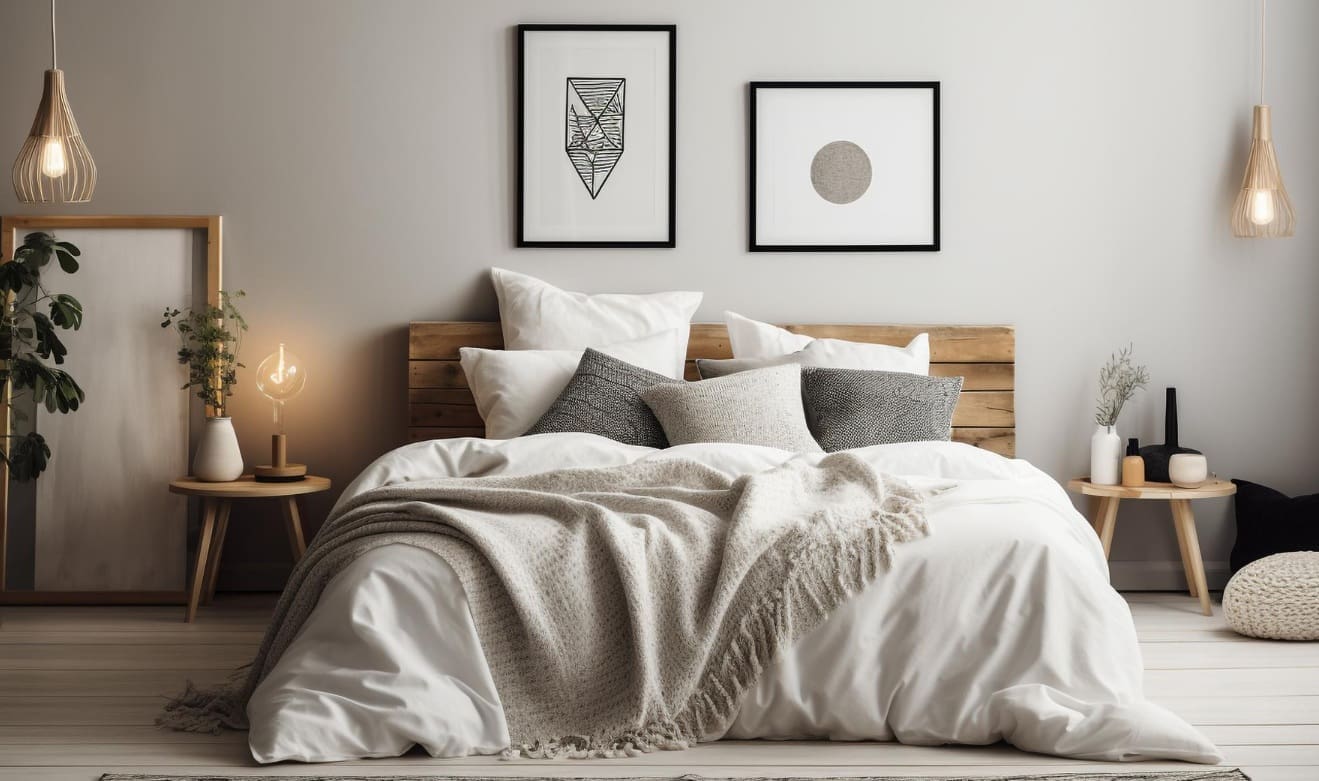 A neatly made bed with white linens and neutral throw pillows, flanked by wooden nightstands, in a modern, softly lit bedroom with minimalistic decor.