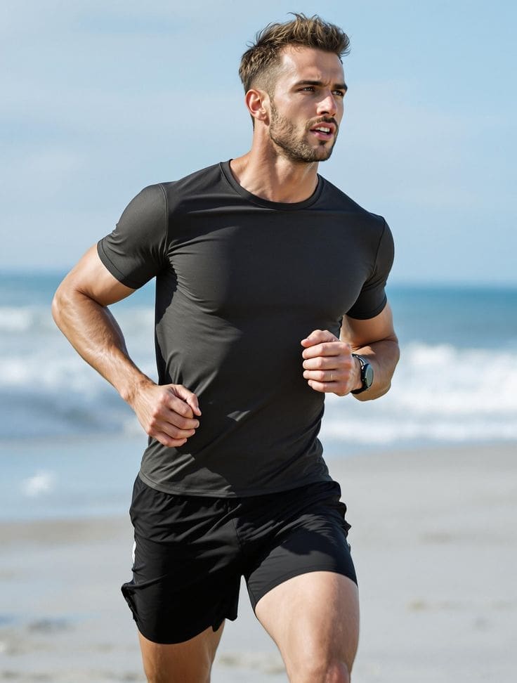 A man in a black athletic shirt and shorts runs on a beach, with waves and blue sky in the background.